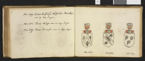 Illustration ur ett privatarkiv i Nationalbiblioteket med titeln Insignia quædam virorum illustrium in Norvegia quodam habitantium av Iver Nielssøn Hirtzholm