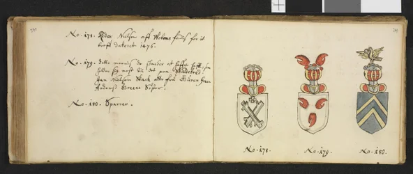 Illustration ur ett privatarkiv i Nationalbiblioteket med titeln Insignia quædam virorum illustrium in Norvegia quodam habitantium av Iver Nielssøn Hirtzholm