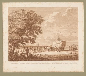 Landskap med bönder som gör hö med Amsterdam vid horisonten Utsikt utanför Haarlemmer-Poort med Amsterdam i kommande (titel på objekt)