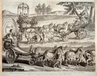 Apollos vagn - Utdrag från albumet ""Masque royal"" (Mascara real) - Kopparstick av A J De Fehrt (Defehrt) (1723-1774)