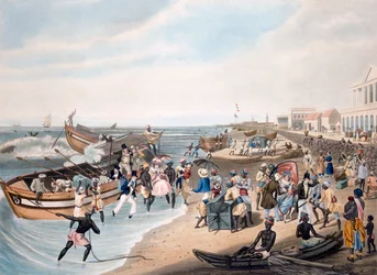 Madras Landing, graverad av C. Hunt, utgiven av Ackermann und Co. 1856 (akvatint).