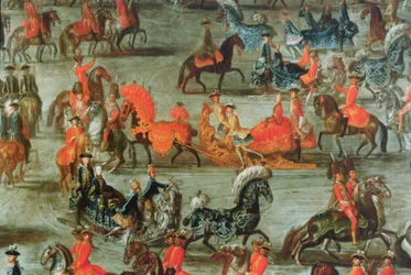 Den kejserliga slädfärden med anledning av kejsar Josef II av Österrikes äktenskap med hans andra fru Maria Josepha von Bayern: detalj av slädarna