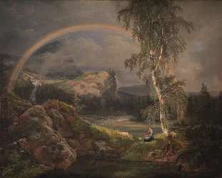 Norskt landskap med en regnbåge