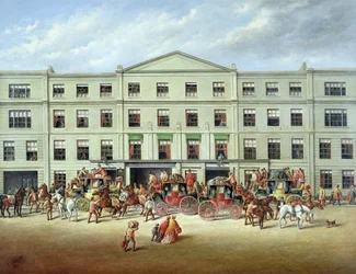 Byta hästar utanför Plough Inn, Cheltenham, 1870