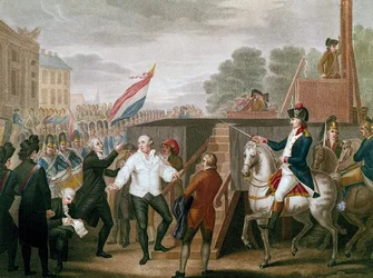 Franska revolutionen: ”” Kung Ludvig XVI med sin biktfader Edgeworth den 21/01/1793” Kungen reser sig till ställningen. Illustration av J. F. Cazenave (1770-?) 1793
