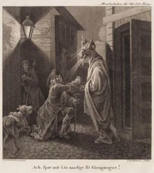 Abrakadabra. Åh, skona mitt nådiga liv, Mr. Återvändande! Gravyr efter Lorentzens Holberg Galleri.