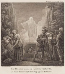 Melampe. Om ni går framåt mer och förhärdar era hjärtan, när kommer denna ande att skrämma er dag och natt? Gravyr efter Llorentzens Holberg Galleri.