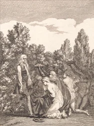 Niels Klim är hedrad av Qvamiterna, som föra honom gåvor och knäböja framför honom