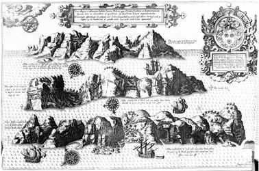 Ön Saint Helena, illustration från Linschoten Itinerario, 1596