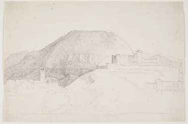 Landskapsstudie med berg och byggnader. Spoleto, Italien