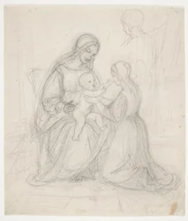 Sittande Madonna med barn och knästående kvinna