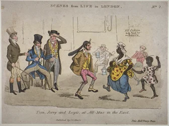 Figurer som dricker och dansar på Coach and Horses på Nightingale Lane, illustration ur ’Life in London’ av Pierce Egan