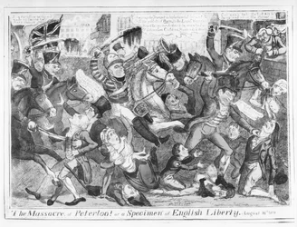 "Massakern vid Peterloo! eller ett exempel på engelsk frihet, 16 augusti 1819" (etsning)