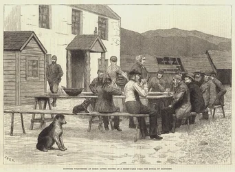 Skotska volontärer hemma, efter middag på en fårfarm nära Spittal of Glenshee