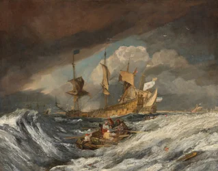 Båtar som utför ankare till de holländska krigsmännen, ca. 1804.