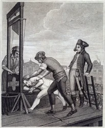 Avrättningen av Maximilien de Robespierre (1758-1794) med giljotin den 28/07/1794 på Place de la Concorde. Gravyr av James Idnarpila efter J. Beys. Omkring 1799. Paris, Musée Carnavalet