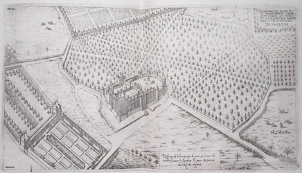 Chateau de Vallery med trädgårdar, park och en del av vingården, från 