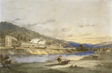 Trefforest Tin Works, Glamorganshire, ca 1840 (handkolorerad litografi på papper)