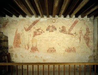 En väggmålning från 1400-talet på den östra väggen av den målade kammaren i Cleeve Abbey, Somerset, 1999