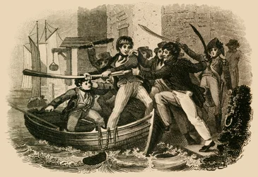 Mary Anne Talbot gör motstånd mot ett pressgäng, 1822.
