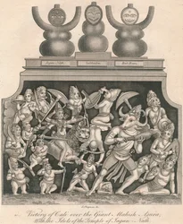 Calis seger över jätten Mahishasura, med idolerna från Jagannathtemplet, 1809.