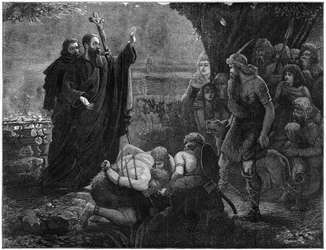Kristna missionärer avbryter ett människooffer, 1878.