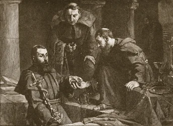 Gömmande av skatter vid upplösningen av ett kloster, illustration ur The Church of England: A History for the People av H. D. M. Spence-Jones, utgiven ca 1910