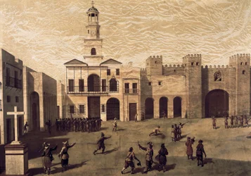 Utsikt över San Juan de Dios-torget (Saint John of God) och stadshuset i Cádiz, 1596. Målning av J.Garcia (16:e). Olja på duk