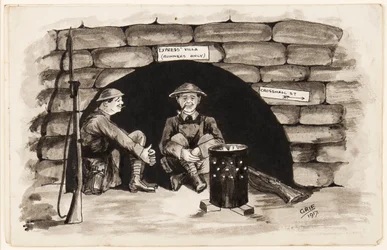 Express Villa (endast löpare): A Warm Corner i Frankrike, 1917 (penna, pensel och bläck på papper)