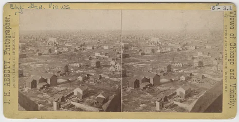 Stereograf av utsikt nordnordväst från vattentornet efter branden i Chicago 1871, 1871 (bw-foto på kortfäste)