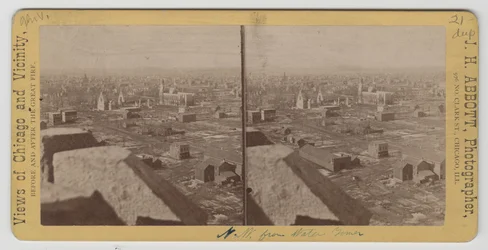 Stereograf av sikt nordväst från Water Tower efter branden i Chicago 1871