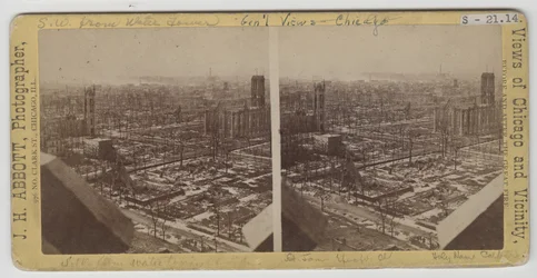 Stereograf av vy sydväst från Water Tower efter branden i Chicago 1871