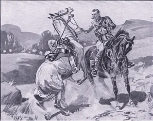 Major Brown, 14th Hussars, håller liet Browns häst under kraftig eld, illustration från After Pretoria: The Guerilla War, 1902