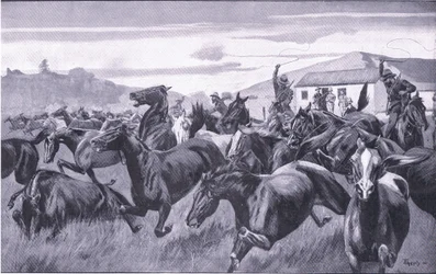 Boers som plundrar Remount Depot i Braamfontein, från After Pretoria: The Guerilla War publicerad av Harmsworth Bros Limited, 1901