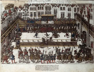 Henri II:s turnering och död (30 juni 1559): vid sin dotters bröllop (för närvarande place des vosges) kämpade han mot Gabriel de Montgomery, kapten för hans skotska garde, som skadar honom med ett spjut i ögat. Gravyr från 1500-talet av Pe