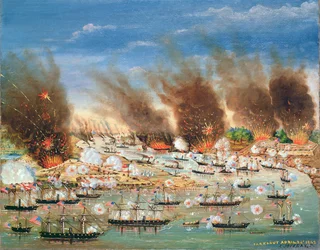 Farraguts flotta passerar Fort Jackson och Fort St. Philip, 1862