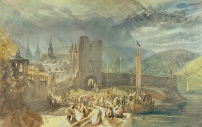 En vy över Boppard, med figurer på flodstranden
