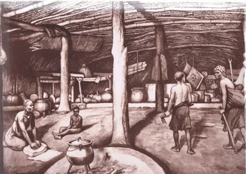 Inuti en Kaffirkraal, från MacMillan skolaffischer, ca 1950-60-tal (litho)