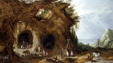 Pilgrimer vid en helgedom i ett bergigt landskap (olja på panel)