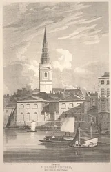 Vy över St. Brides Church, tagen från Themsen, graverad av Matthews