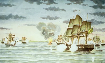 Slaget vid Quilmes under det cisplatinska kriget (1825-28) mellan Uruguay och Brasilien (gravyr)