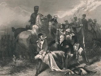 Generalmajor Sir. R. H. Sale...Dödligt sårad i slaget vid Moodkee..., mitten av 1800-talet.