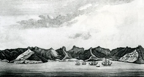 En vy över Cumberland Bay på ön Juan Fernandes, ca 1745 (gravyr)