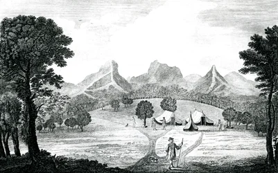En vy av Commodore-tältet på ön Juan Fernandes, ca 1745 (gravyr)