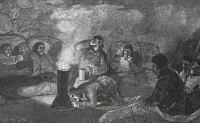 Interiör av vår vinterkoja på Camp Clay, under matlagning, 1883 pub. London 1886