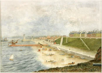 Roker Terrace and Harbor infart från Holey Rock (akvarell på papper)
