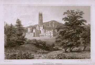 Sydvästlig vy av Fonthill Abbey, graverad av T. Higham, 1823