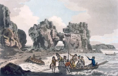 Utsikt över Castle Rock, från landningsplatsen på Flat Holmes, från A Picturesque Guide to Bath, Bristol Hot-Wells, the River Avon and the Adjacent Country, publicerad 1793 (färgakvatint)