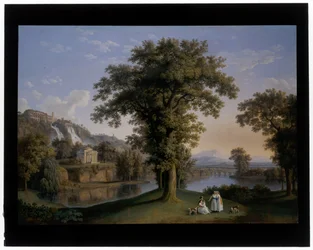 Idealiskt landskap med den lilla Cascatelle och Maecenas Villa i Tivoli