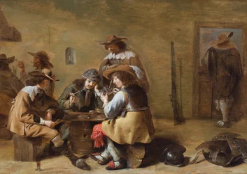 Interiören i ett vaktrum med kavaljerer som spelar kort (olja på pannå)